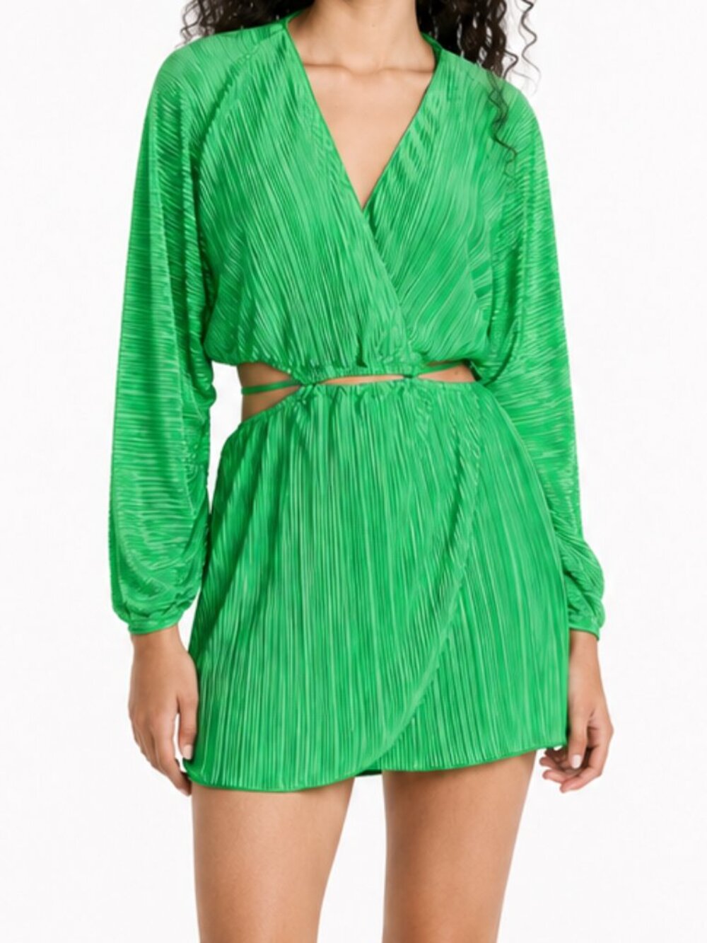 Good American Women's Emerald Green Pleated Cutout Dress, 3/4
